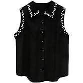 Verdusa Women's Plus Size Beaded Tops Pearl Button Down Dressy Blouse Sleeveless Collared Shirts