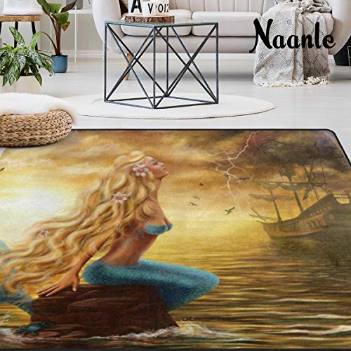 Naanle-Ocean-Beach-Area-Rug-5x7-Mermaid-with-Ghost-Ship-Polyester-Area-Rug-Mat-for-Living-Dining-Dorm-Room-Bedroom-Home-Decorative Naanle Ocean Beach Area Rug 5'x7', Mermaid with Ghost Ship Polyester Area Rug Mat for Living Dining Dorm Room Bedroom Home Decorative