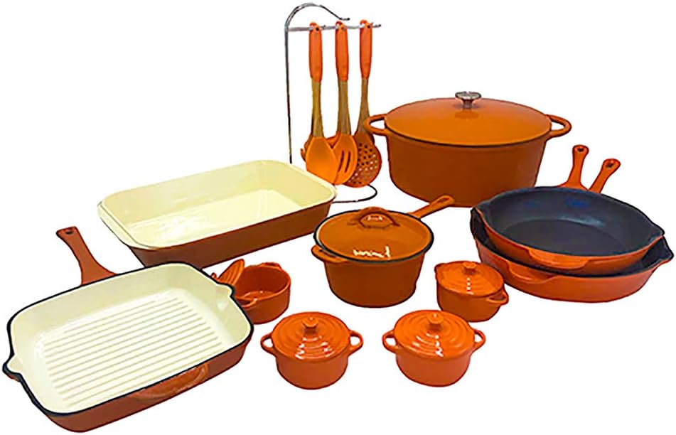 Le Chef 21-Piece Enameled Cast Iron Cookware Set, Orange.