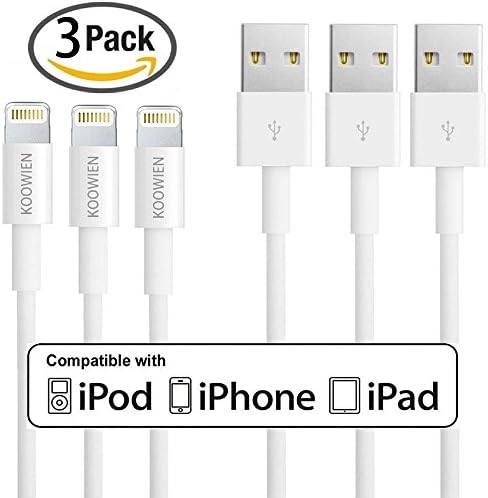 iPhone Charger, KOOWIEN 3Pack 3ft 8pin Lightning Cable USB Charging Cord for for Apple iPhone 7/7 Plus, 6/6s Plus/SE/5/5s/5c, iPad mini/Air/Pro, iPod touch/nano (White)