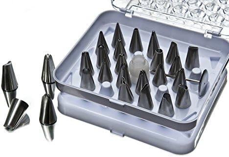 28-Piece Cake Decorating Tips Set By Sugar Heights - Kit Includes 26 Stainless Steel Icing Tips, 1 Reusable Coupler, 1 Flower Nail &amp; Storage Case - Decorate Cakes, Cupcakes, Cookies and Desserts