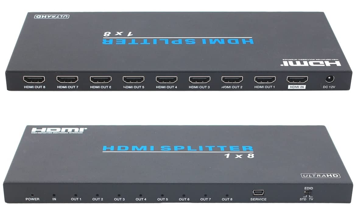 FOURKAY 1x8 4K HDMI Splitter Distribution Amplifier. HDMI2.0b and HDCP2.2 compliant. Dolby Atmos. Distribute up to 4K resolution to 8 displays from one HDMI source using HDMI cables.
