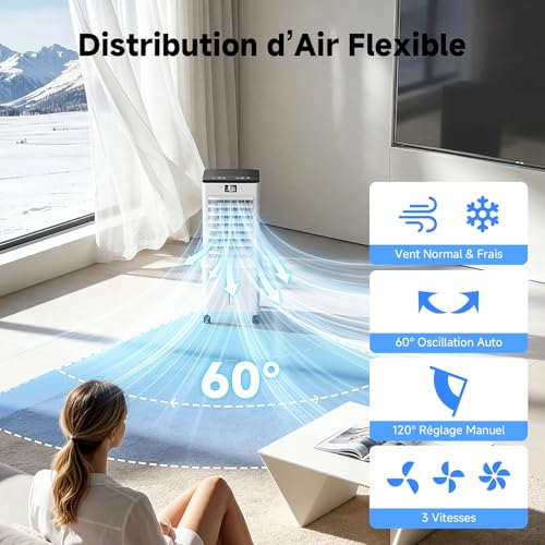 Upgraded 10L Silent Mobile Air Conditioner, 4-in-1 Air Cooler, Remote Control, 12H Timer, 3 Speed, Oscillation, Portable Air Conditioner for Camping Bedroom Kitchen (Elegant White)