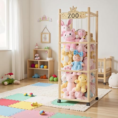 Stuffed Animal Storage Zoo Tower, 142.5cm Wooden Large Stuffed Animal Holder Organizer with Wheels, Stuffy Plushies Storage with Elastic Band&Mesh Bottom, Toy Storage Organizers for Playroom Bedroom