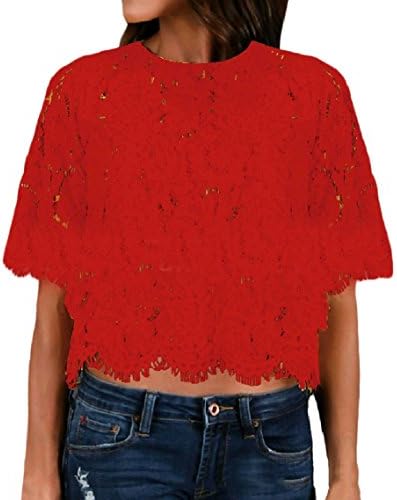 Mirrliy Women's Relaxed Short-Sleeve Round Neck Sexy Lace Fringe Tshirt Top Blouse Red XS