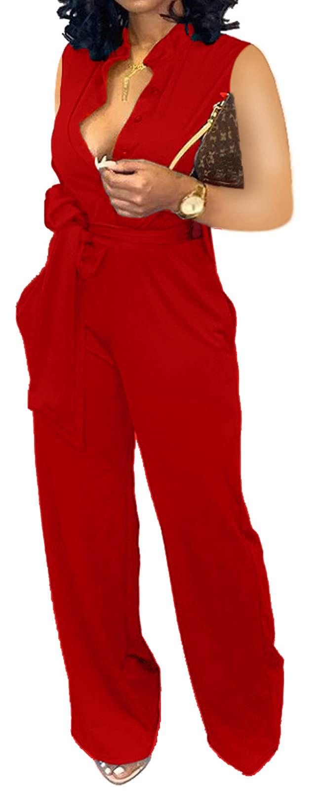 Yiershu Womens Summer Elegant Sleeveless Button Down Jumpsuit For