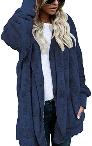 BONESUN Women's Open Front Cardigan Faux Fur Hoodie Sweaters With Pockets Blue XL