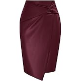 Kate Kasin Women's Faux Leather High Waist Wrap Knit Bodycon Midi Skirt for Business Casual Pencil Skirt