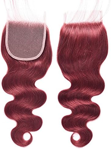 Black Rose Hair Brazilian Virgin Human Hair Body Wave Closure Pre Colored #33 Rich Burgundy Red 4x4 Lace Closure with Baby Hair Bleached Knots(16 inch)