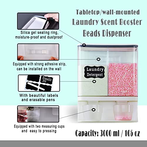 Sparktime Laundry Detergent Dispenser for Scent Booster Beads, Wall Mounted Dry Food Storage Container with 2 Measuring Cups, Suitable for Rice, Beans, Solid Grain, Laundry Scent Beads（3000ml）
