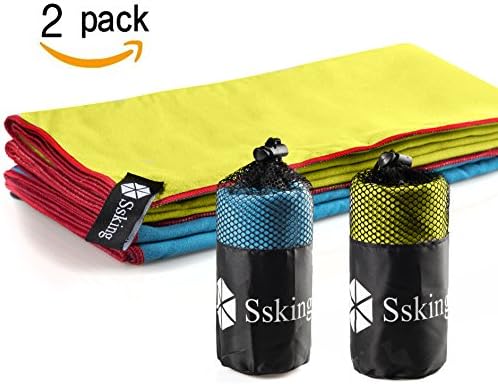 Quick Drying Microfiber Compact Sport Towel. 40"x20" For Exercise, Gym, Sport, Yoga, Travel, Camping, Hiking (2 packs) (Blue&amp;Yellow)