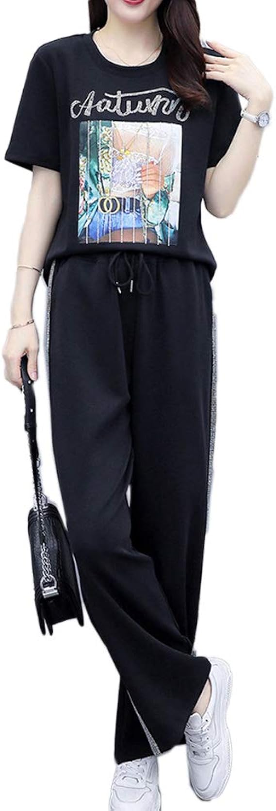 Amazon Yuanyuan 新しい夏 韓国版 プラスサイズ 婦人服 ファットミリ 痩身 プリント ワイドレッグパンツ ツーピーススーツ パンツスーツ スーツ パンツスーツ 通販