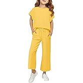 APWEQATA Girls Outfits Drop Sleeve Shirts & Drawstring Wide Leg Pants Sets Lightweight Kids Sweatsuits With Pockets Size 5-14
