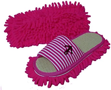 Friendly House Women's Microfiber Floor Cleaning Mop Slippers with Stripes and Embroidery (Suitable for Women Size 7-9, Fushcia)