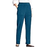 LOVESHOOT Dark Blue M Corduroy Pants for Women Elastic High Waist Pull On Straight Leg Slacks Casual Comfy Fall Winter Trousers with Pockets