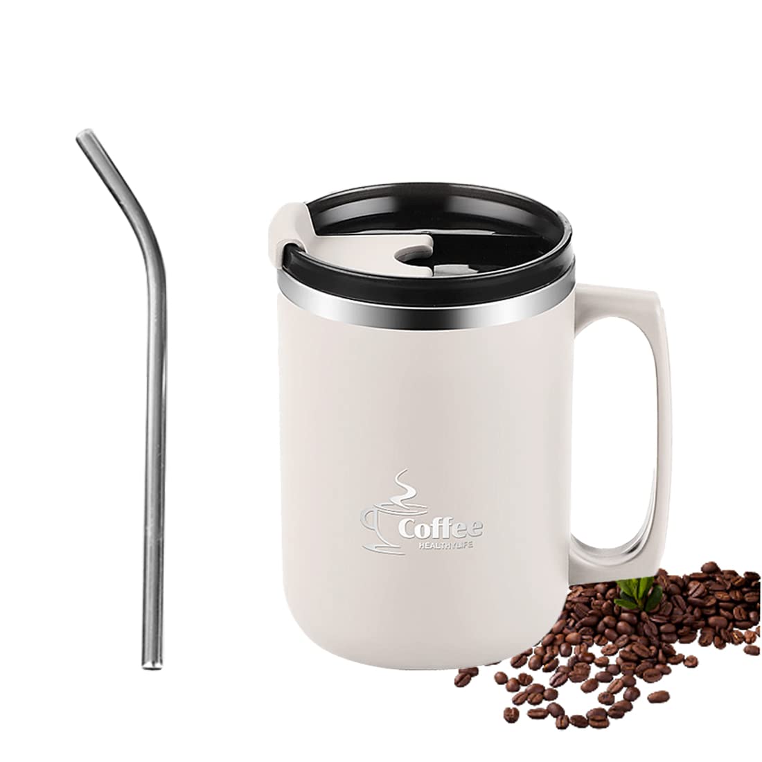 Lcxecnw 15 OZ Coffee Mug with Handle,Double Wall Vacuum Travel Mug,Coffee Mug with Flip lid and Straw,Reusable Stainless Steel Mug,for Home,Office,Travel,Camping,Outdoor(White)