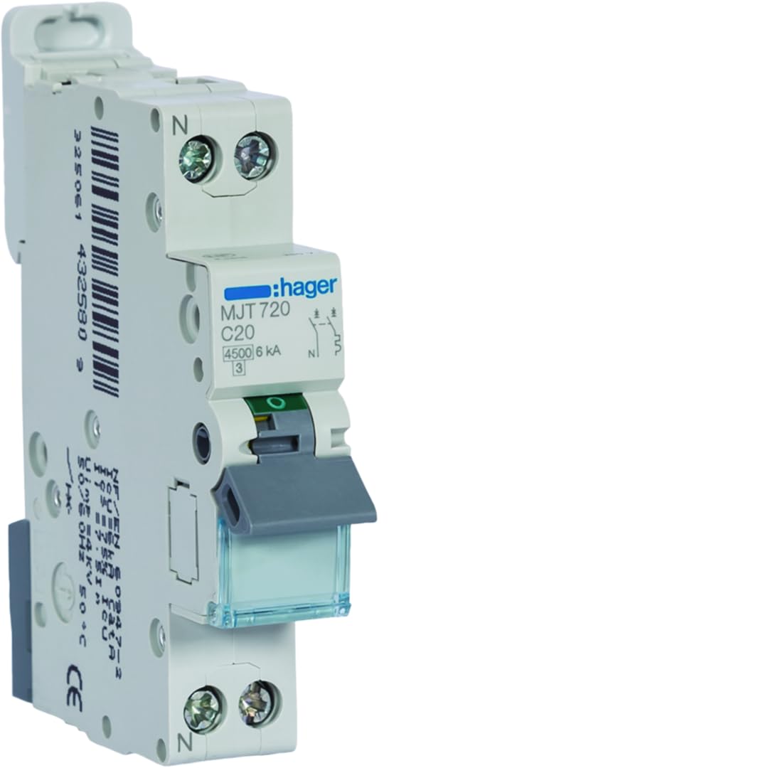 HAGER - Disjoncteur Phase/Neutre 4.5-6kA Courbe C-20A 1 Module MJT720 HAGER - MJT720