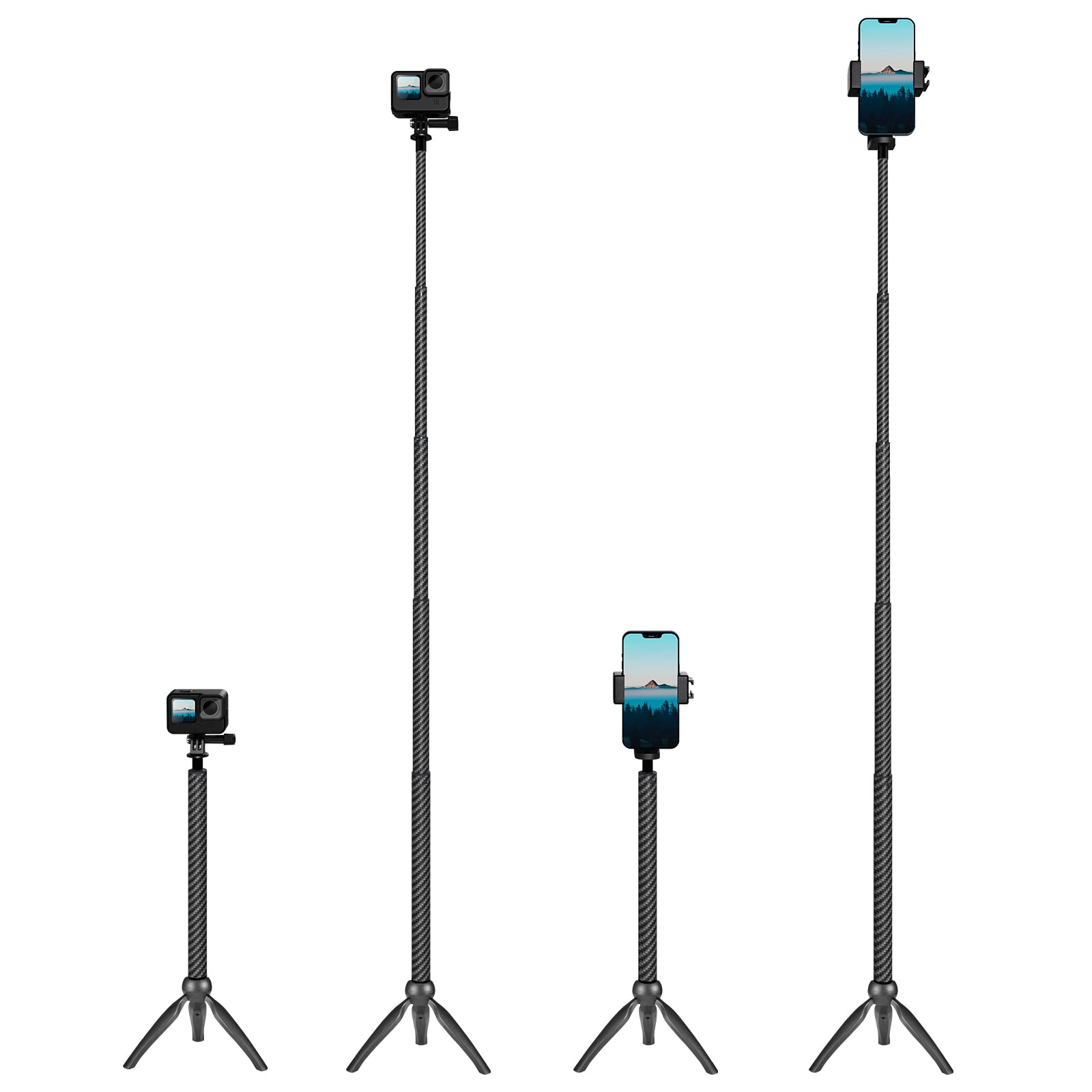 Eyeon 47inch/120cm Carbon Fiber Selfie Stick Lightweight Extendable Selfie Monopod Extension Pole for Go Pro Hero 11/10/9/8/7/6/5, DJI OSMO Action 2 3, Ins ta360 X3/ONE R/ONE X2