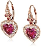 Rose Gold Plated Sterling Silver Swarovski Zirconia Red Heart Vintage Themed Drop Earrings