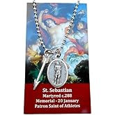 Saint Sebastian, Catholic Boy Gift, Confirmation, Patron Saint of Athletes, 30 Inch Stainless Steel Ball Chain, Includes St. Sebastian Prayer Card for Athletes