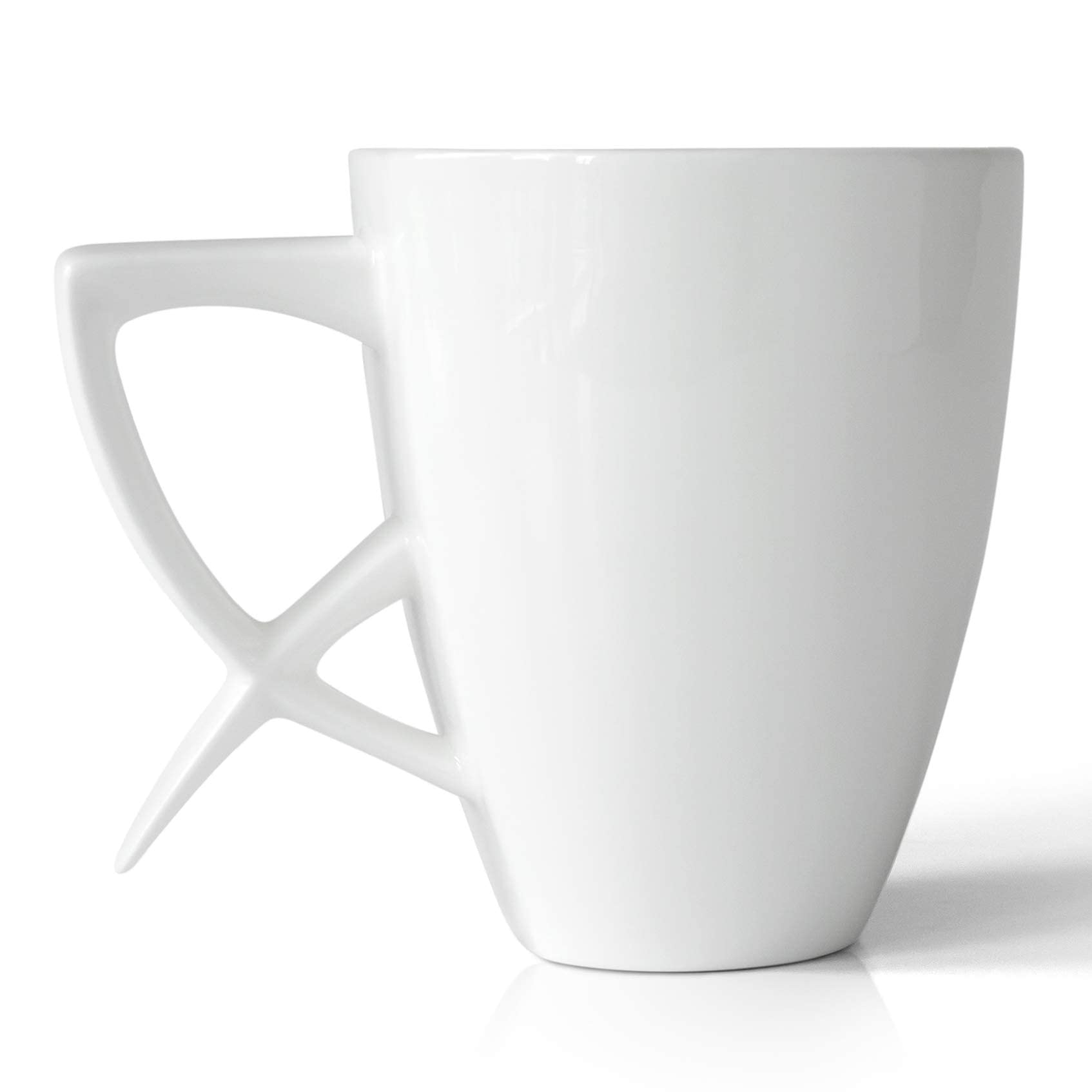 A Fine White Bone China Mug. With a comfortable, ergonomic handle, it is lightweight, delicate and translucent. Featuring a capacity of 300 ml and an elegant, modern design.