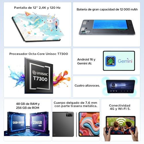 Easerush P12 Pro Tablets 12 Pulgadas, 2.4K 120Hz & 4G Sim LTE, 48GB+256GB/2TB Gemini AI & 12000mAh/18W Tablet Android 16, T7300 Octa Core Tablet con Teclado, Quad Speakers/Widevine L1/Mouse/Funda