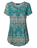 Vinmatto Women's Scoop Neck Pleated Blouse Top Tunic Shirt(M,Multi Green)