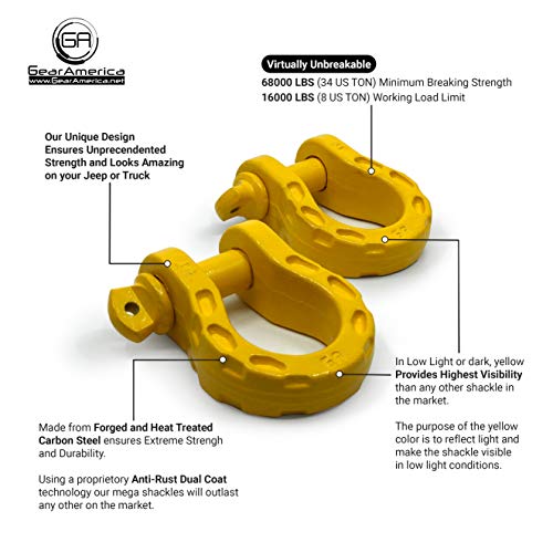 GearAmerica Mega Duty D Ring Shackles Yellow (2 PK) | 68000 lbs (34 US Ton) Strength | 3/4" Shackle + 7/8 Pin + Washers| Securely Connect Tow Strap or Winch Rope to Jeep for Off-Road 4x4 Recovery - Thumbnail 4