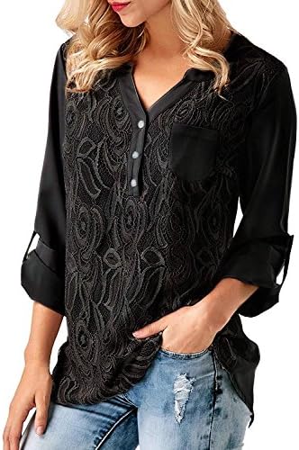 Women's Elegant Summer Solid Ladies 3 4 Cuffed Sleeve V Neck Lace Panel Casual Long Sleeves Tunic Chiffon Maternity Blouse Tops Cotton T-Shirts For Women Black Medium