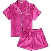 LYANER Women's Satin Silk Pajamas Short Sleeve Button Shirt with Shorts Set PJ Sleepwear