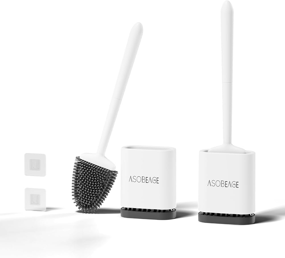 ASOBEAGE Silicone Toilet Brush Set White 2 Pack, Flexible Head, Wall Mount