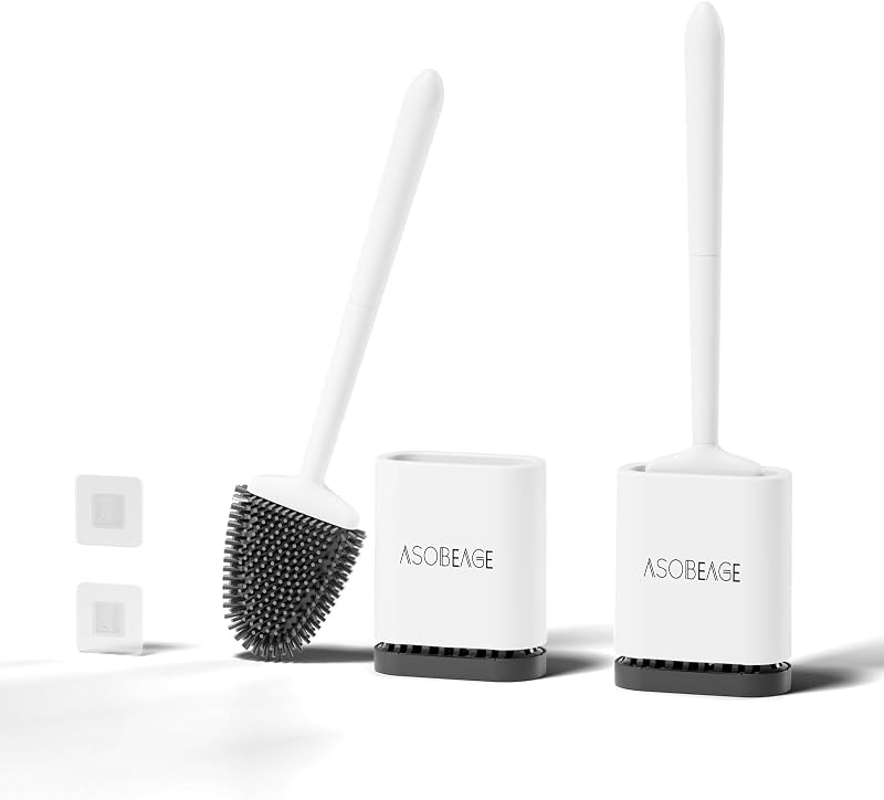 ASOBEAGE Silicone Toilet Brush Set White 2 Pack, Flexible Head, Wall Mount