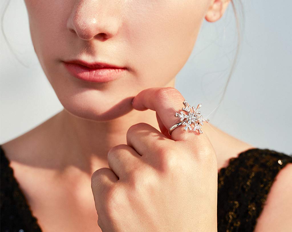 SEWOR Elegant Rotating Rings Adjustable Spinner Diamond Delicate Snowflake Ring for Women Girls, Anti Anxiety,Autism (Snowflake)