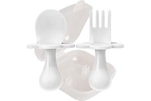 Grabease Toddler Utensils Toddler Spoons and Forks Baby Silverware Baby Self Feeding Utensils, BPA-Free & Phthalate-Free for Baby & Toddler, 1 Set, Plastic, White
