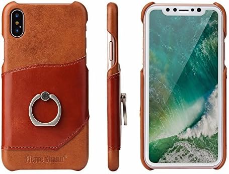 IPhone X Case Genuine Leather with Crafts Design , Ring holder 360 degrees adjustable ring rotating shockproof protective and card holder for Apple IPhone X - 2018 release , 5.8 inch , ( Brown ) .