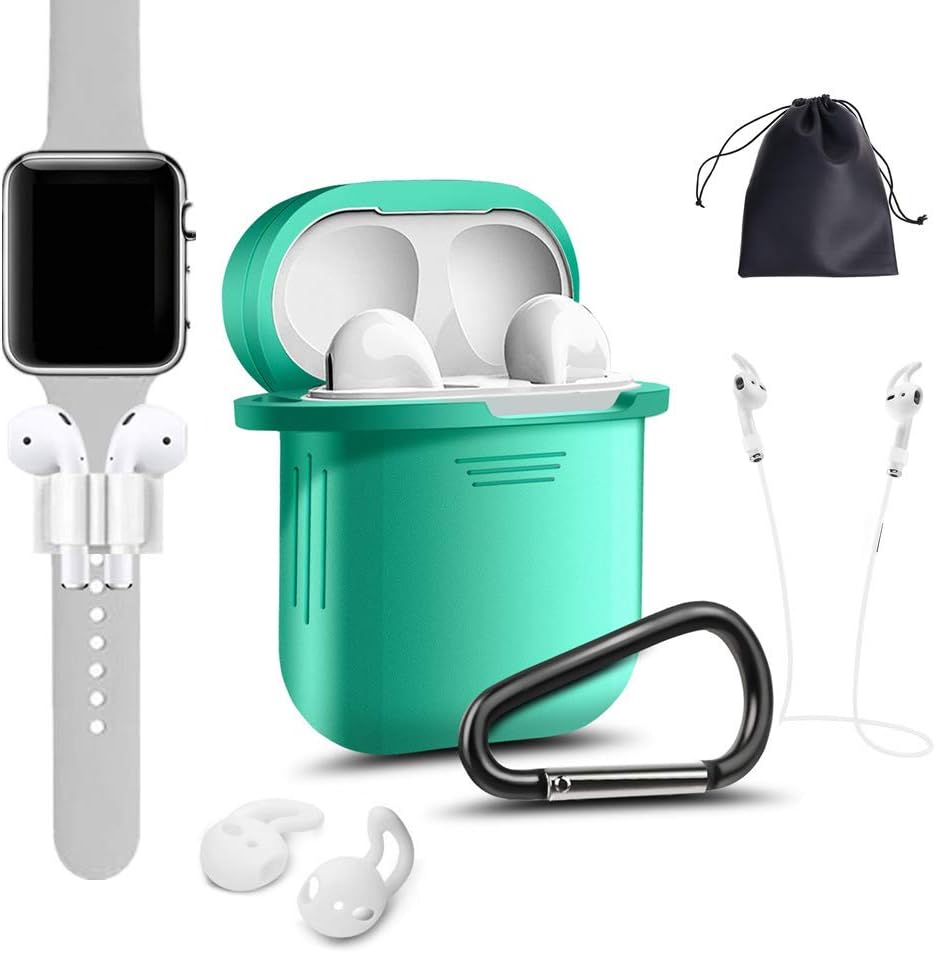 Airpods Accessories - Derhom Apple Airpods Silicone Case Cover | Airpods Watch Band Holder | Headphone Accessories Bag[Include Anti-lost Strap/Keychain/ Ear Hooks] for Apple Airpod (Mint Green)