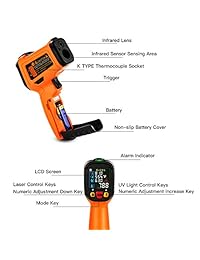 ZOTO   Termómetro de infrarrojos con láser digital, sin contacto, temperatura de lectura instantánea, con pantalla LED de hasta 800 grados, termómetro tipo K para cocina, cocina, barbacoa, automoción y termómetro industrial PM6530D