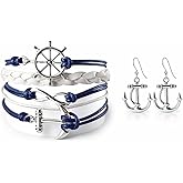 Infinity Collection Nautical Anchor Charm Earrings & Bracelet for Women, Navy & White Anchor Braided Bracelet, Weaved Leather Rope with Ship Wheel & Anchor Charms