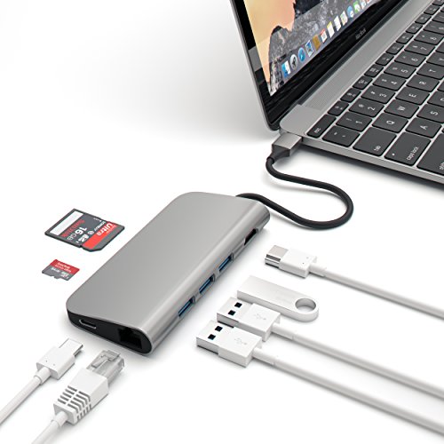 Satechi Aluminum Multi-Port Adapter 4K HDMI (30Hz), Type-C Pass Through, Gigabit Ethernet, SD/Micro Card Reader, and 3 USB 3.0 Ports For MacBook 12 and New MacBook Pro 2016 (Space Gray)