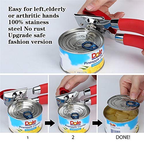 Can Opener Manual Stainless Steel CESHUMD Smooth Edge Comfort Grip Silicone Handle Heavy Duty Anti Slip for Seniors and Arthritis Hands (Red)