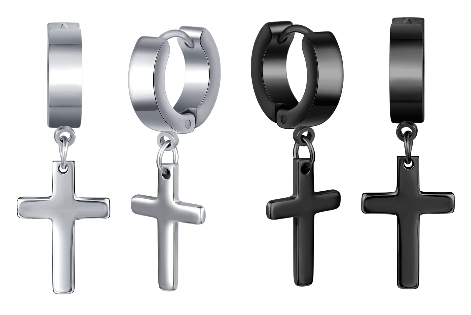 MicVivien Stainless Steel Cross Dangle Hoop Earrings Set Men Women Cross Hinged Hoop Earrings Huggie Drop Cross Earrings Set