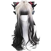 osseoca Wavy Long Black White Synthetic Hair Lifelike Daily Sweet Lolita Japanese Hot Princess Cosplay Party Natural Female Wigs with Bangs