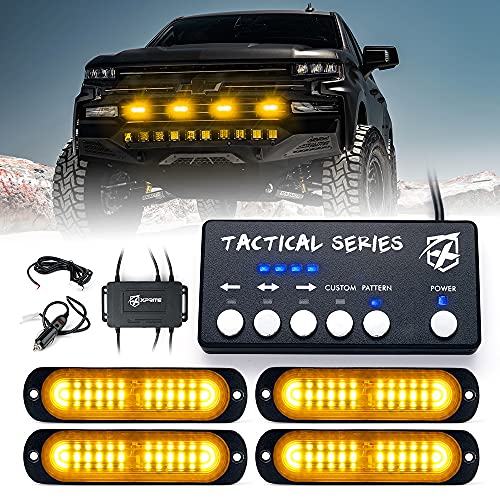 Xprite Amber LED Surface Mount Strobe Lights Kit, Grill Grille Side Marker Light Flashing Emergency Warning Light Assemblies w/Control Box for Trucks Vehicles ATV RV Cars Van - 4PCS