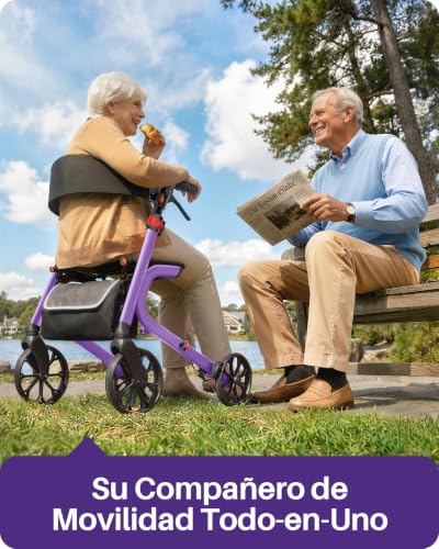 Kekoy K2 Andador para ancianos con asiento plegable de aluminio, regulable en altura, 181 kg de carga, andadores adultos con cojín de asiento de 44 cm, respaldo y bolsa de almacenaje, morado