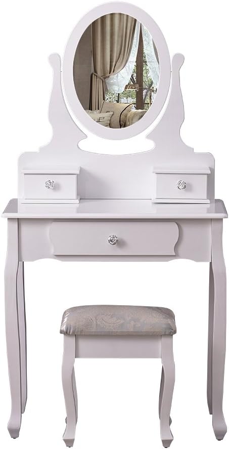 HomJoy White Dressing Table with Rotatable Oval Mirror and Stool Set, Vanity Bedroom Dresser 3 Drawers Makeup Desk
