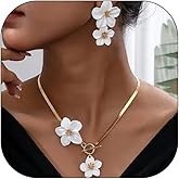 NOVYRA Gold Flower Earrings Necklace Set Vintage Large Double Flower Pendant Earrings Summer Spring Charm White Flower Statement Necklace Trendy Double Flower Jewelry For Women