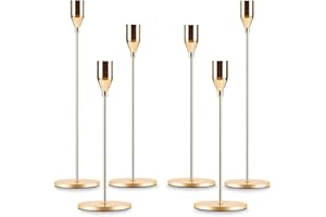 AHPUHTAN Gold Taper Candle Holder Set of 6, Brass Gold Tall Candlestick Holders, Metal Vintage Candle Stickers Long Holder Set, Pillar Decorative Candle Holder Fits 3/4 Inch Candle