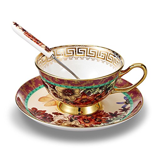 Panbado 3-Piece Bone China Tea Cup Saucer Set With Spoon Porcelain Gold Rimmed Teacup Coffee Set, Butterfly And Flower, 200 mL/6.8 oz., Multi-Color
