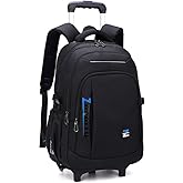 VIDOSCLA Black Kids Boys Rolling Backpack Teens Carry-on Luggage with Wheels Trolly BookBag for School-2 Wheels
