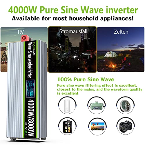 4000W/8000W Power Inverter 12 V 220 V Pure Wave Voltage Transformer Converter Voltage Inverter - 2 EU Socket with USB Output Remote Control Suitable for Refrigerators, Electric Saw